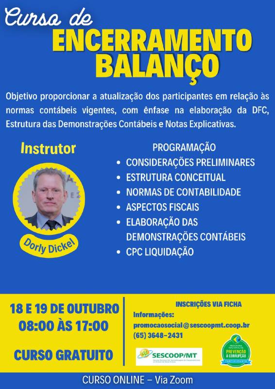 Sistema OCB/MT abre inscrição para o curso Encerramento de Balanço