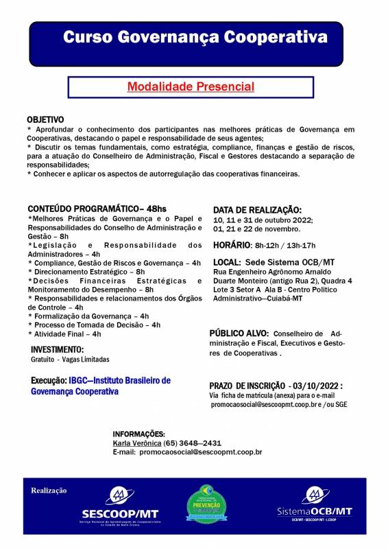 Sistema OCB/MT abre inscrição para o Curso Governança Cooperativa para as Cooperativas 