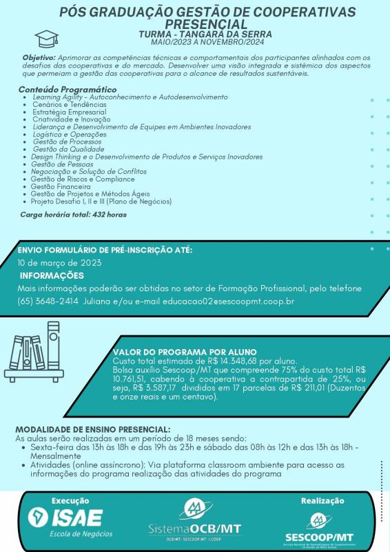 Pós-Graduação em Gestão de Cooperativas em Tangará da Serra-MT